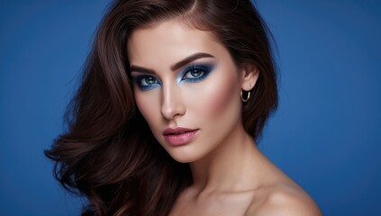 Fototapeta premium Brunette woman with long hair and vibrant makeup featuring blue tones against a solid blue background highlighting her glamorous appearance and professional styling