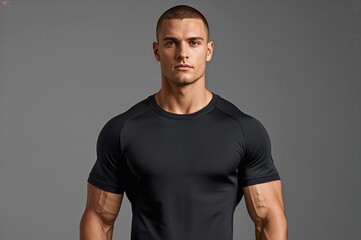 Athletic man wearing a fitted black short sleeve performance t-shirt posing against a neutral background with a serious expression.