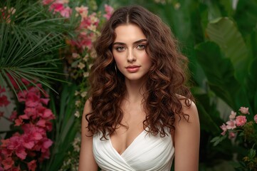 Fototapeta premium Portrait of a woman with long curly hair wearing a white top, set against a lush background of tropical leaves and colorful flowers, creating a vibrant and natural aesthetic.