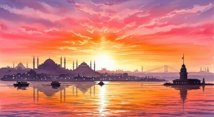 Fototapeta premium Vibrant istanbul sunset over bosphorus strait with iconic landmarks reflected