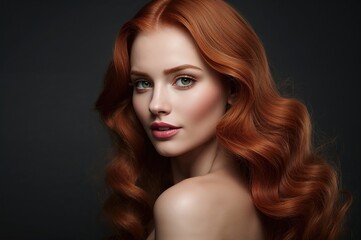 Fototapeta premium Portrait of redhaired woman with long wavy hair and green eyes posing against a dark background highlighting her facial features and skin tones
