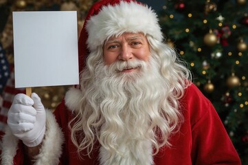 Naklejka premium Santa Claus holding a blank white sign posing in festive attire with Christmas tree decorations in the background creating a cheerful holiday atmosphere