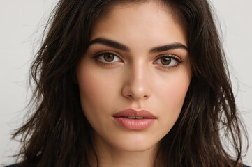 Obraz premium Closeup portrait of a young woman with dark hair and natural makeup against a plain white background highlighting her expressive features and warm skin tone