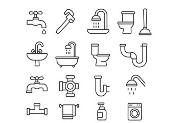 Bathroom and plumbing thin line icon set. Sanitary ware and toilet equipment collection. Vector outline pictograms for web and graphic design. Faucet, shower, sink, pipe symbols.