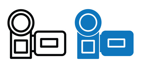 Vector art of a vibrant illustration featuring two camcorders, one in black outline and the other in solid blue, , showcasing a modern design with a touch of retro charm