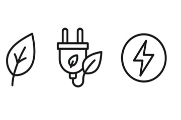 Green energy and electricity saving icon set. Leaf, plug, and lightning bolt symbols for sustainability, renewable alternative power, and eco friendly concepts. Vector line art.