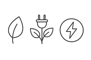 Green energy icon set. Leaf, plug plant and electricity symbols. Thin line vector illustration for sustainability, renewable and alternative power, saving energy concept.