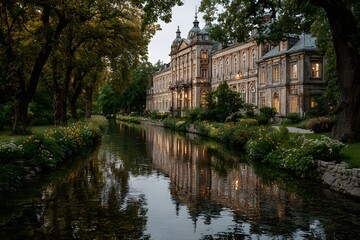 Beautiful house with a large garden and a river running through it. The house is lit up at night, creating a warm and inviting atmosphere. The water reflects the lights from the house