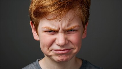 Redheaded Boy with Emotional Expression Furrowing Brow and Pouting Lips Against Gray Background in Close-Up Shot