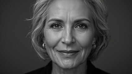 Fototapeta premium Close-up portrait of an elderly woman with short gray hair and a neutral expression, captured in black and white photography highlighting facial features and textures.