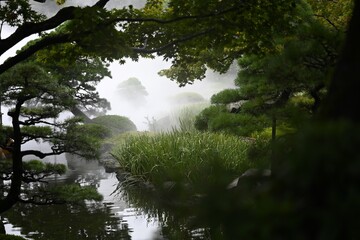 霧に包まれた日本庭園の風景　島根県 松江市 由志園