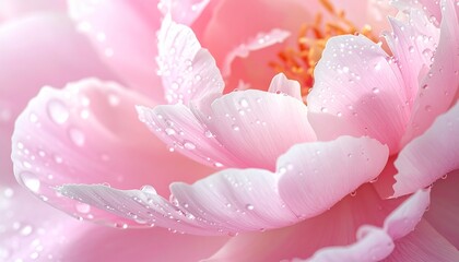 Fototapeta premium Delicate pink peony flower with shimmering water droplets, a vibrant close-up showcasing purity and freshness for elegant designs and spring-themed projects, perfect for backgrounds and promotions