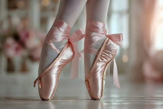 Pair of pink ballet slippers with ribbons tied to the toe. The slippers are on a white floor