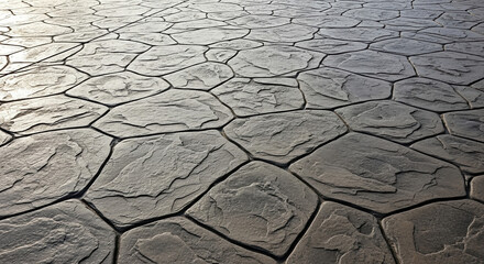 Decorative Stamped Concrete Patio Surface Pattern Close Up with Uneven Stone Texture and Dark Grout Lines