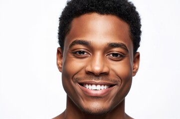 Obraz premium Close-up portrait of a smiling young African American man with short curly hair, wearing a natural expression, isolated on a white background for clear visibility and detail.