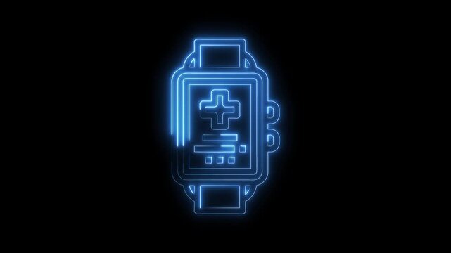 Neon smartwatch animated icon displaying health data and information on black background