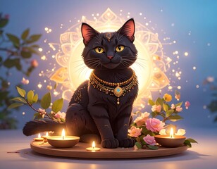 Generated image　神秘的な黒猫と光輝くキャンドル
