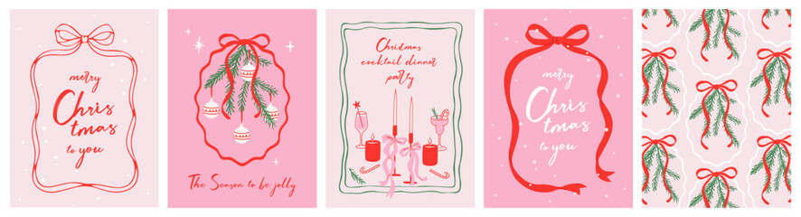 Merry Christmas greeting card Set. Beautiful Xmas design in trendy retro hand drawn doodle style with bow and ribbon frame, fir branches, candles, cocktails. Xmas art banner, poster, cover templates.