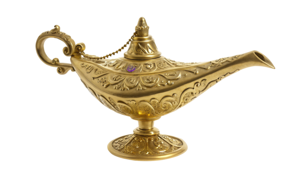 Ornate golden genie lamp with intricate filigree details and spout