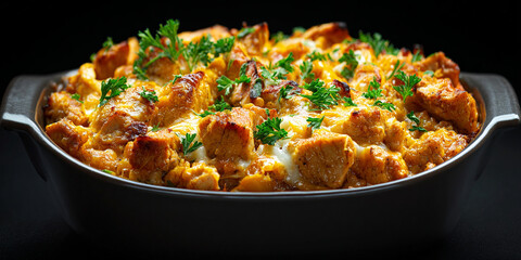 Chicken casserole on black background