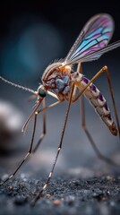 Detailed close-up of a mosquito with iridescent wings.