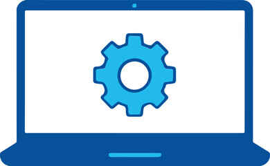 Digital technology concept with laptop computer displaying a blue gear symbol representing settings configuration and system operations