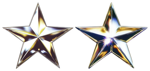 PNG Two shiny metallic stars with reflective surfaces element set on transparent background.