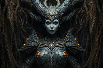 Fototapeta premium Ancient female warrior in intricate armor adorned with glowing patterns and lights, set against a backdrop of dark roots and shadows, exuding confidence and strength.