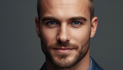 Fototapeta premium Portrait of a young man with short facial hair and blue eyes wearing a denim shirt against a neutral background with soft lighting and a confident expression