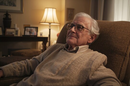 Elderly man with glasses sitting comfortably in a cozy living room, appearing content and relaxed during retirement with warm lighting and home decor elements.