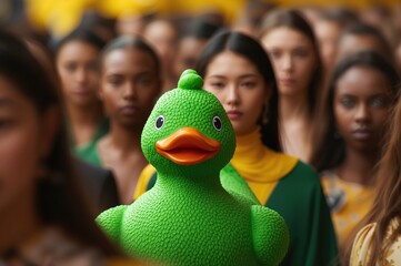 A vibrant green rubber duck stands out in front of a crowd of indistinguishable individuals, creating a surreal juxtaposition of fun and seriousness in a fashion context.