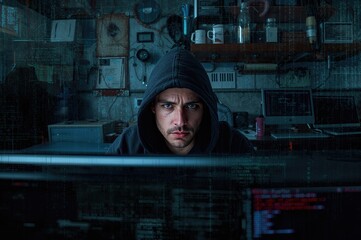 Hacker analyzing server logs on computer in dimly lit office environment with digital data overlay and security elements in background