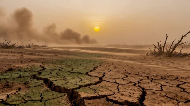 Desolate desert terrain revealing deep ground cracks, withered vegetation, and dust storm under intense sunset, symbolizing severe environmental degradation and climate change impacts