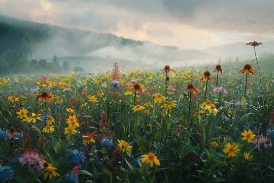 Vibrant wildflower meadow bathed in soft morning mist with rolling hills in the background.