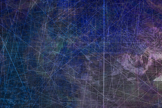 Deep blue abstract filled with intricate networks of fine intersecting lines. Red and purple accents enrich the composition, giving the impression of star maps, night skies, or cosmic constellations 