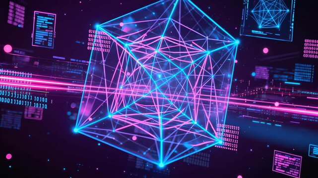 Wireframe cube with interconnected network points surrounded by digital data streams, binary code, and holographic interface elements in dark purple background with blue and pink neon lighting.