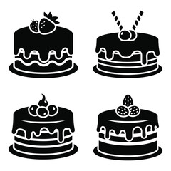 Four black silhouette cakes with dripping icing and fruit toppings celebrate sweet dessert delights silhouette