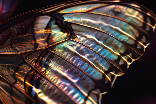 Intricate close-up of iridescent butterfly wing with vibrant, shimmering colors.