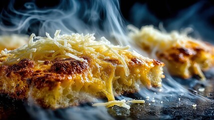 A close up of a freshly baked pizza slice with melted cheese