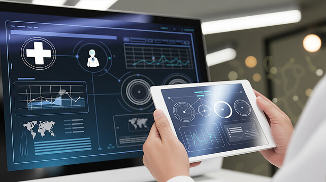 Digital healthcare technology monitoring patient vitals and medical data analysis on advanced computer monitors and tablets - Powered by Adobe