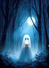 A friendly ghost stands in a misty forest, holding a steaming cup of coffee. The pale moonlight shines through the tall trees, creating an enchanting atmosphere. A sense of wonder fills the air.