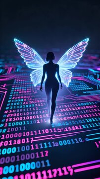 Silhouette of woman with glowing butterfly wings walking on digital circuit background with binary code. Neon blue and pink color palette representing technological evolution and human potential.