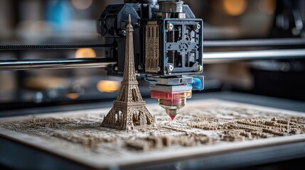 3D Printer Manufacturing Eiffel Tower Model Closeup
