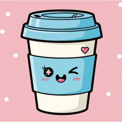 Winking Kawaii Cartoon Coffee Cup Icon with Blue Lid and Pink Background
