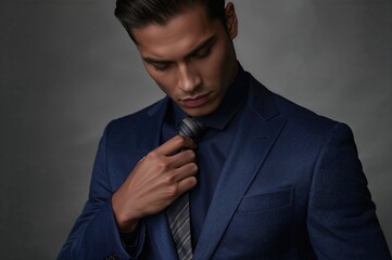 Young man in a blue suit adjusting a striped tie while looking down against a neutral background demonstrating elegance and sophistication in grooming.
