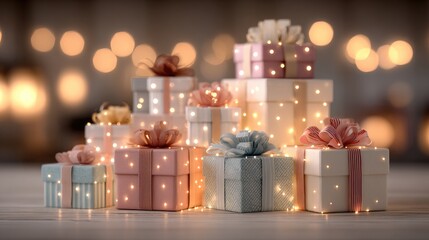 Colorful gift boxes illuminated with warm lights in a festive setting.
