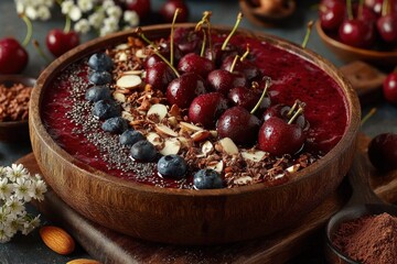 Close up of a cherry smoothie bowl with fresh fruit and granola