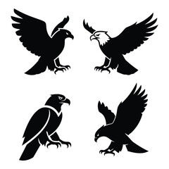 Four silhouette eagle poses set majestic birds of prey wing spread talon grip powerful avian imagery collection silhouette