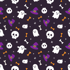 Seamless Halloween cartoon pattern with ghosts, skulls, witch hats, bones, and stars on dark background. Designed for textile, wallpaper, wrapping, party invitations, and holiday decor.