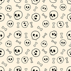 Seamless Halloween pattern with black skulls and bones on beige background. Minimal spooky design perfect for textile, wallpaper, wrapping paper, stationery, party decor, and holiday theme.